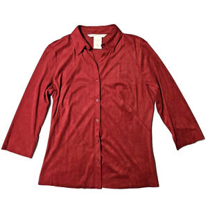 Max Studio Red Faux Suede Button Down Shirt Y2K Vintage Size Medium Made in USA